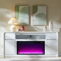 Modern Fireplace TV Stand for 75 inches TV, 36" Electric Fireplace w/ Wood Media Console, 32" Tall Entertainment Center & Adjustable Shelves for Living Room, Curved Profile Design