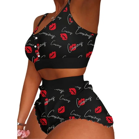 

Capreze Ladies Lounge Set Scoop Neck Sleepwear Cami Top And Shorts Nightwear Spaghetti Straps Pajamas Sets 2 Pieces Outfits Red Lips M