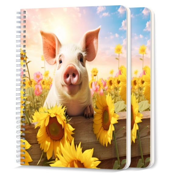 Spiral Notebook,College Ruled Journal,8.26" x 5.71" 50 Sheets/100 Pages,2 Pack - Cute Pig in A Sunflower Field