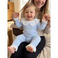 thumbnail image 4 of Cjfdfy Newborn Baby Girls Fall Outfit Lace Patchwork Ribbed Doll Collar Long Sleeve Romper And Elastic Lace Trim Pants Set Cute Solid Color Coming Home Fall Winter Outfit 0-12 Monthes, 4 of 10