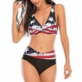 thumbnail image 2 of Defitshape Women's 2 Piece Swimsuit Bathing Suit Bikini V Neck Swimwear Mid Waisted Pad Shirred Tummy Control Printed Black American Flag Patterned1 Medium, 2 of 5
