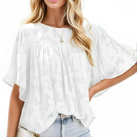 Weardear Womens 3/4 Bell Sleeve Blouse Crew Neck Lace Floral Textured Babydoll Shirts