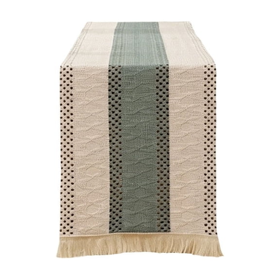 Linen Striped Table Runner with Fringe, Boho Rope Patchwork Dining Table Decor, Rustic Runner for TV Cabinet Coffee Table Sideboard
