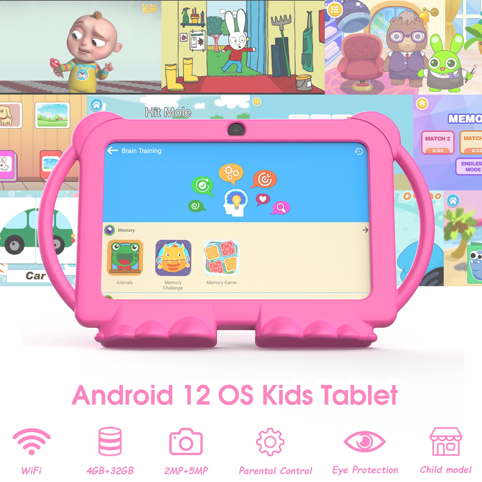 Kids Tablet, 7 inch Android 12 Tablet for Kids, 4GB RAM 32GB ROM 512GB Expand, Toddler Tablet with Parental Control, IPS Screen, Dual Camera, Educational, Games, Shockproof Case for Boys/Girls, Pink