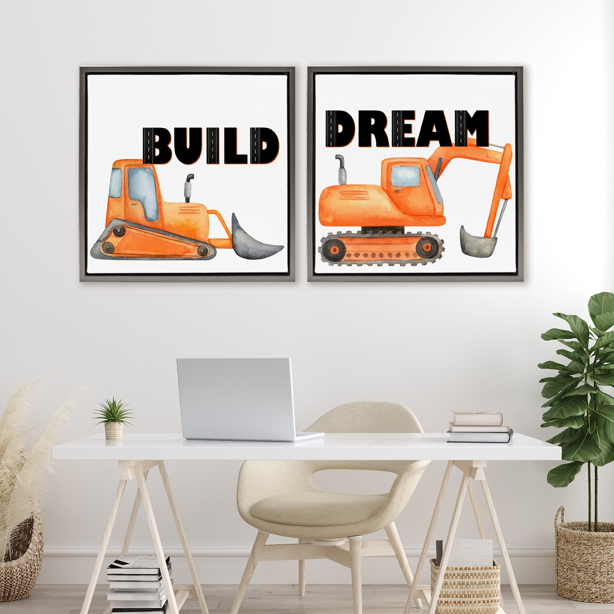 Build & Dream Construction Vehicles 2 Piece Gray Framed Floater Canvas Set, design by Kim Allen