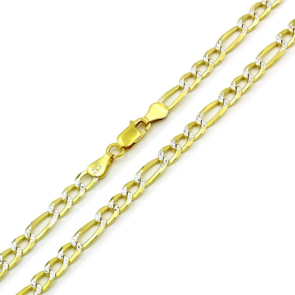 925 Italian Sterling Silver 5mm Solid Figaro Diamond Cut Chain, FREE Microfiber Cloth, ITProLux Yellow Gold Plated Pave Link Mens Womens Necklace, Giorgio Bergamo