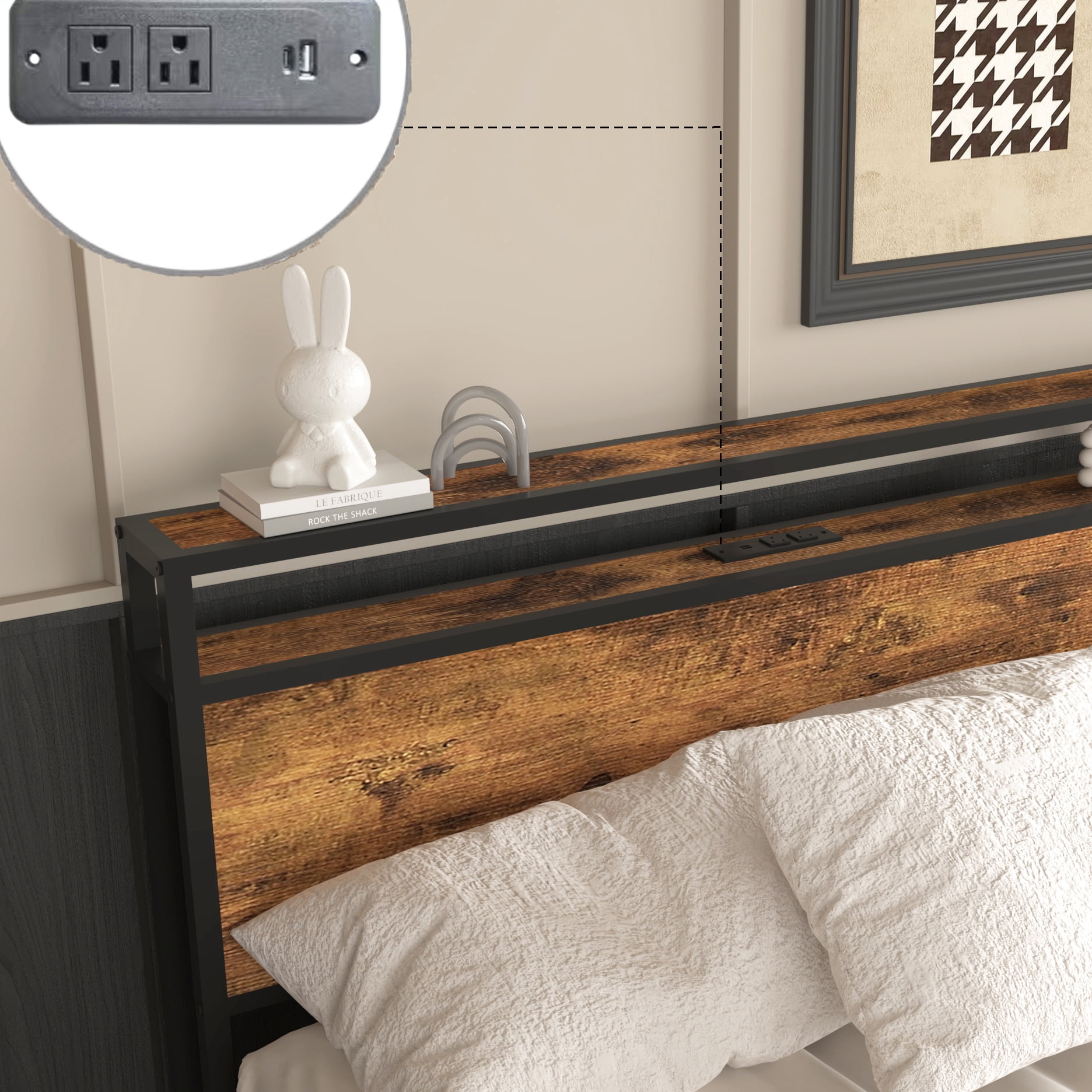 Miniyam Queen Size Bed with Storage Drawers, Charging Station for Adult, Brown