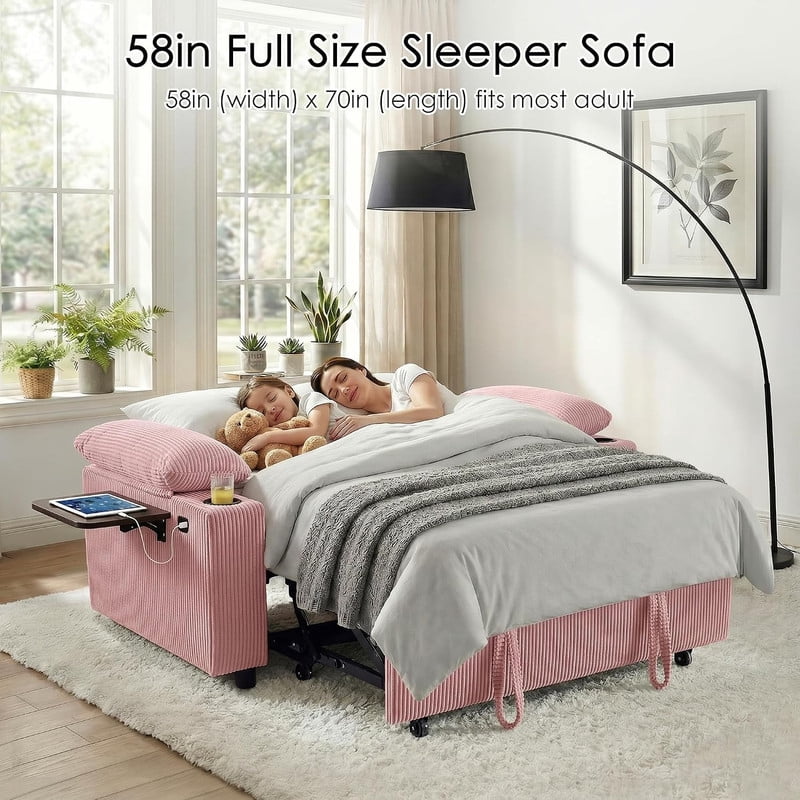 58" Sleeper Sofa Bed, Full Size Pull Out Couch, Convertible Loveseat Sofa with 5-Level Adjustable Backrest, USB Charging Ports, Cup Holders & Foldable Side Table, for Living Room, Apartment & Office
