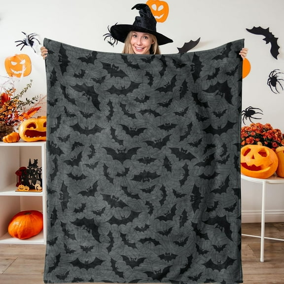 Halloween Bat Blanket, Halloween Flannel Throw Blankets, Halloween Blankets and Throws, Spooky Blanket, Grey, 50 x 60 inches