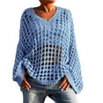 thumbnail image 2 of NTACZA Woman Sweater Hollowout Plus Size Blue V Neck Sweater Bell Sleeve Baggy Fishnet Knit Shirt Women's Jumper M, 2 of 6