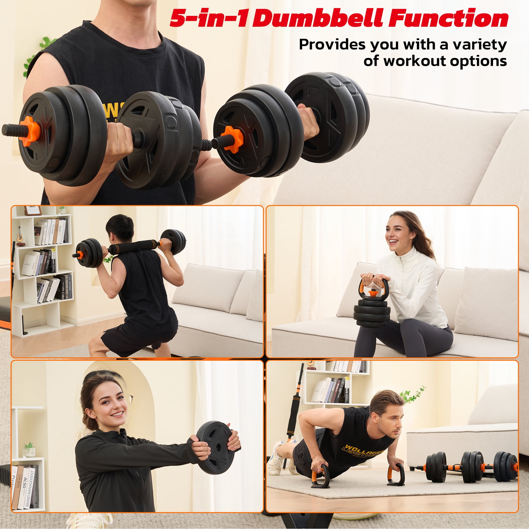 Naipo 66LB Dumbbell Set 5 in 1 Adjustable Changeable  with Connector Dumbbells Barbells Kettlebell Push up Stands for Home Gym Exercises Men Women