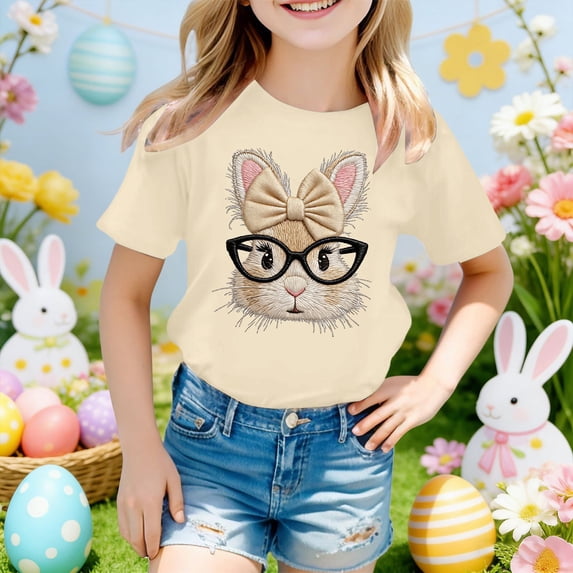 Adorable Bunny Print Girls Short Sleeve Tee with Bow Tie Casual Summer Top for Toddlers and Kids Short Sleeve Shirt for Girls Tees Kids Tshirts Clothes Summer Tops T-Shirt