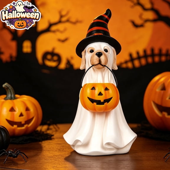 Halloween Ghost Dog Resin Figurine, Witch Hat Puppy Statue with Jack O Lantern Pumpkin Bucket, Spooky Desktop Ornament, Halloween Decorations, Indoor Covered Outdoor Table Mantel Home Party Decor