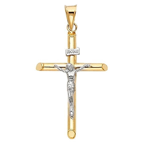 14K Two Tone Gold Crucifix Cross Religious Pendant for Chain Necklace | Jewelry Gift for Men Women | 43 x 20 MM | 1.4 grams