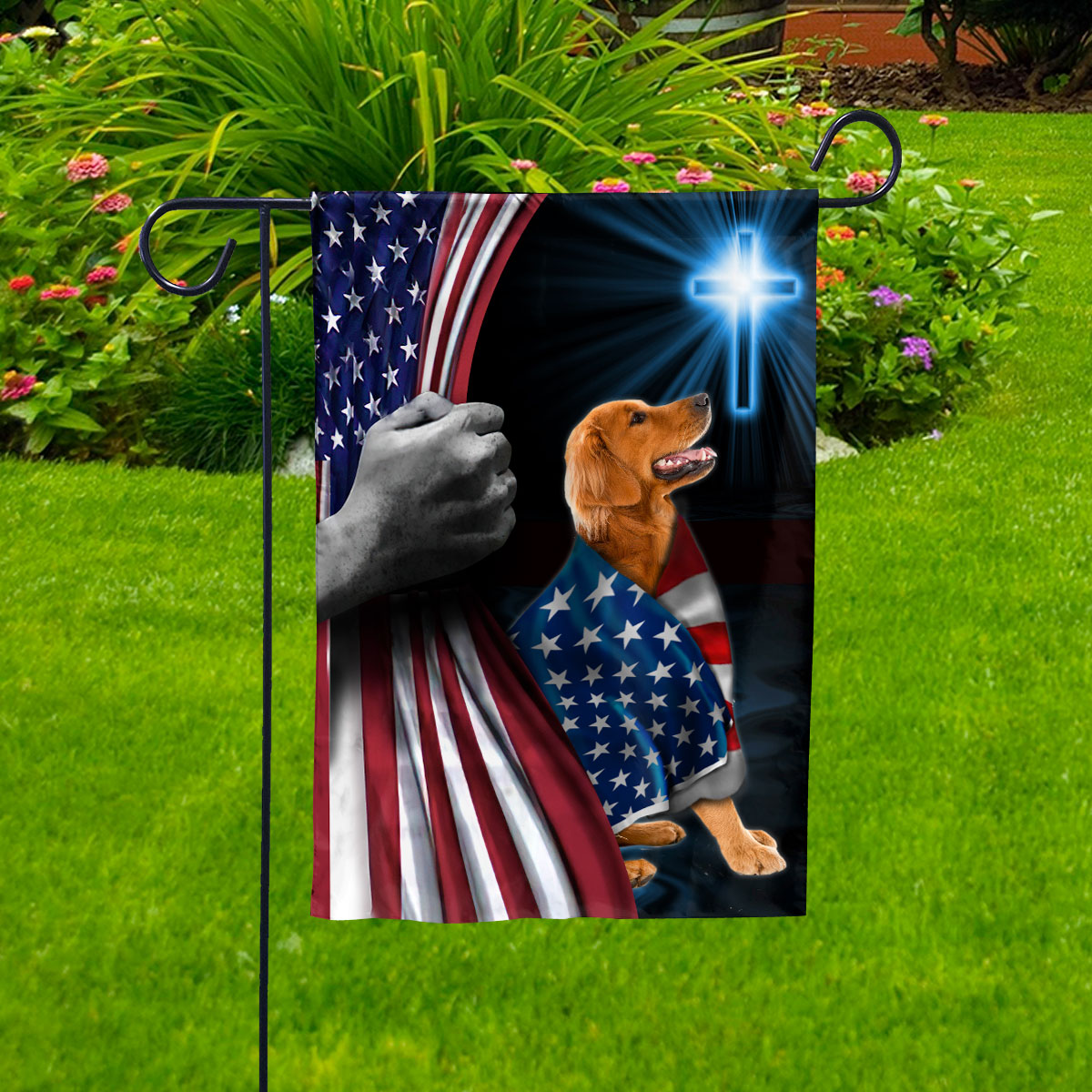 Hand Pulling USA Flag Golden Dog Wearing Flag American Standing under Cross Christian Patriotic House Flag (3x5) Double Sided- Premium Polyester-Decorative Indoor Outdoor Flag