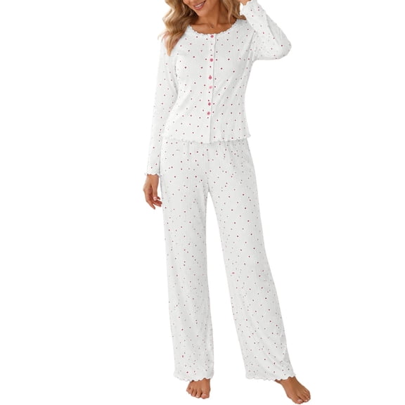 HAiming Womens Pajama Sets 2 Piece Outfits Long Sleeve Polka Dot Cute Shirts Wide Leg Pants Loungewear Casual Sleepwear