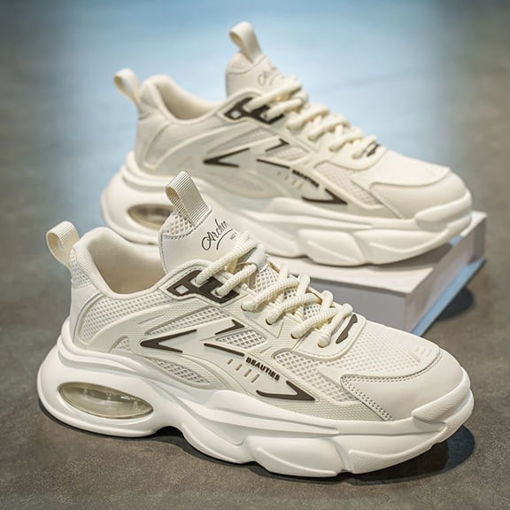 Men's Sneakers - Beige/ Stability Support Lace-Up Shoes for Running, Gym, Everyday - All-Season Dad Shoes, Running Footwear Thick Cushioned Sole, Breathable PU Upper & Non-Slip Rubber Outsole