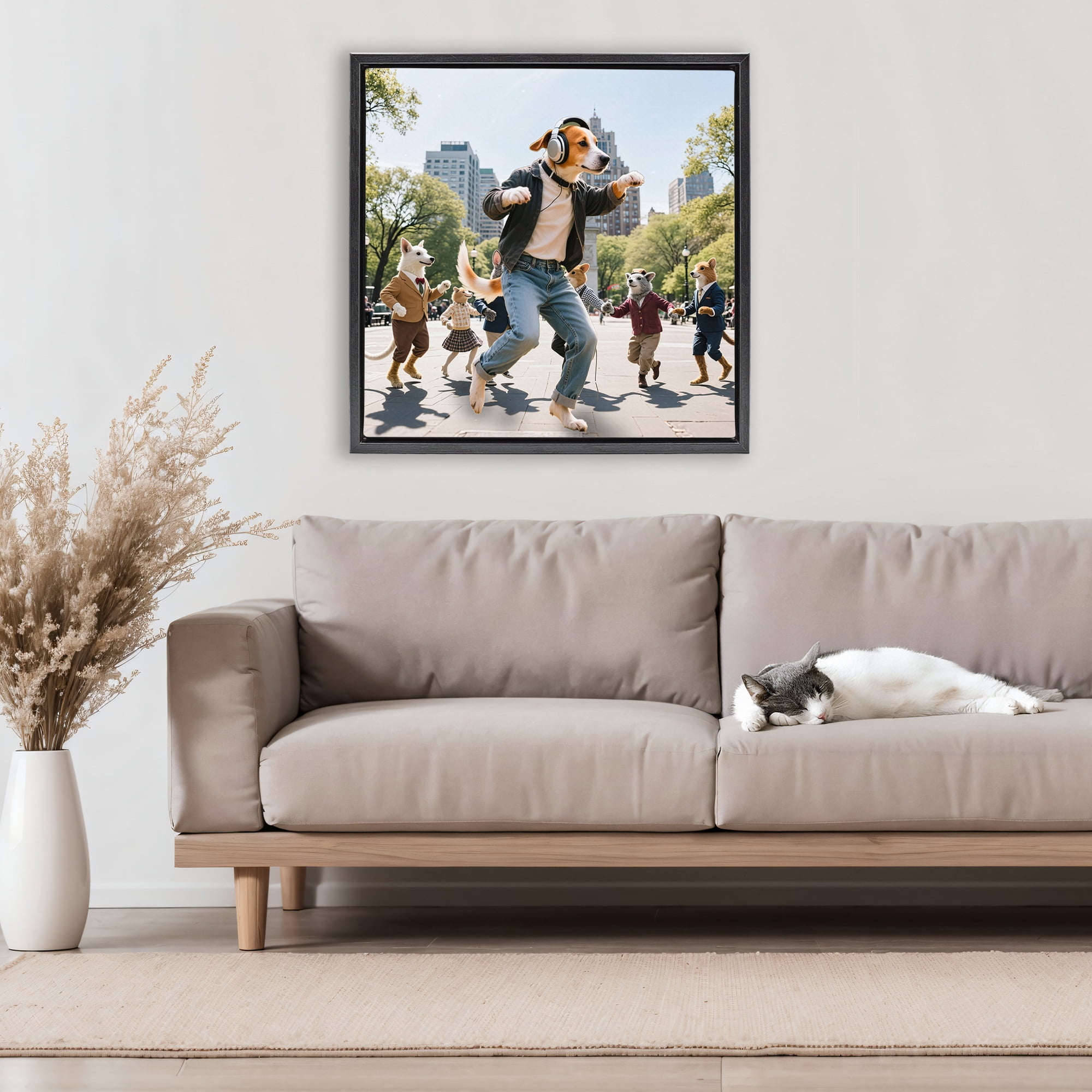 Stupell Industries Stylish Dog Dancing in Park Black Framed Floater Canvas Wall Art, design by CAD Designs
