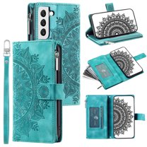Dteck Zipper Wallet Case for Samsung Galaxy S21 FE,Magnetic Durable PU Leather Flower Embossed Case Zipper Card Holder Wallet Kickstand Cover with Detachable Shoulder Strap/Wrist Strap,Green