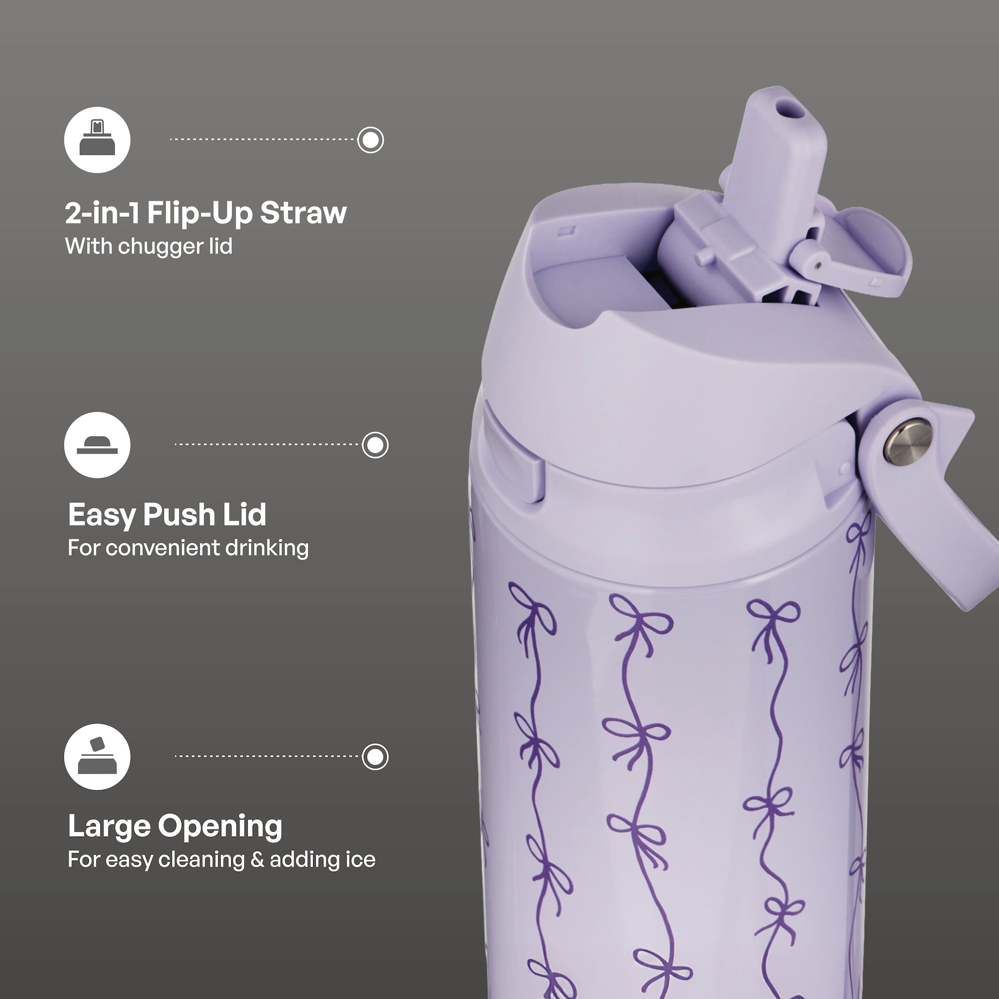 TAL 24oz Insulated Stainless Steel Water Bottle with 2-in-1 Straw & Chug Lid, Purple Bows