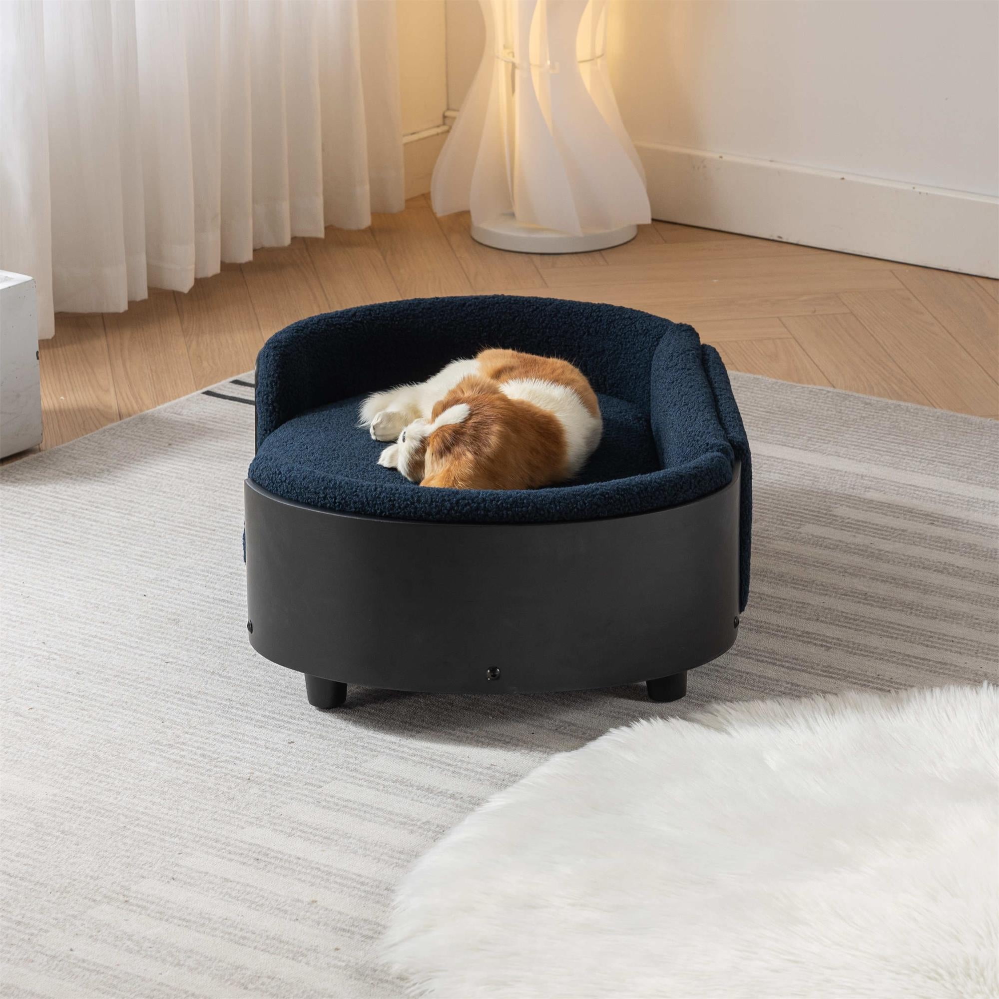 Pefilos 30" Elevated Pet Dog Bed with Solid Wood Legs and Black Bent Wood Back, Cashmere Cushion, Pet Sofa for Indoors Dogs, Dark Blue Pefilos 30" Elevated Pet Dog Bed with Solid Wood Legs and Black Bent Wood Back, Cashmere Cushion, Pet Sofa for Indoors Dogs, Dark Blue