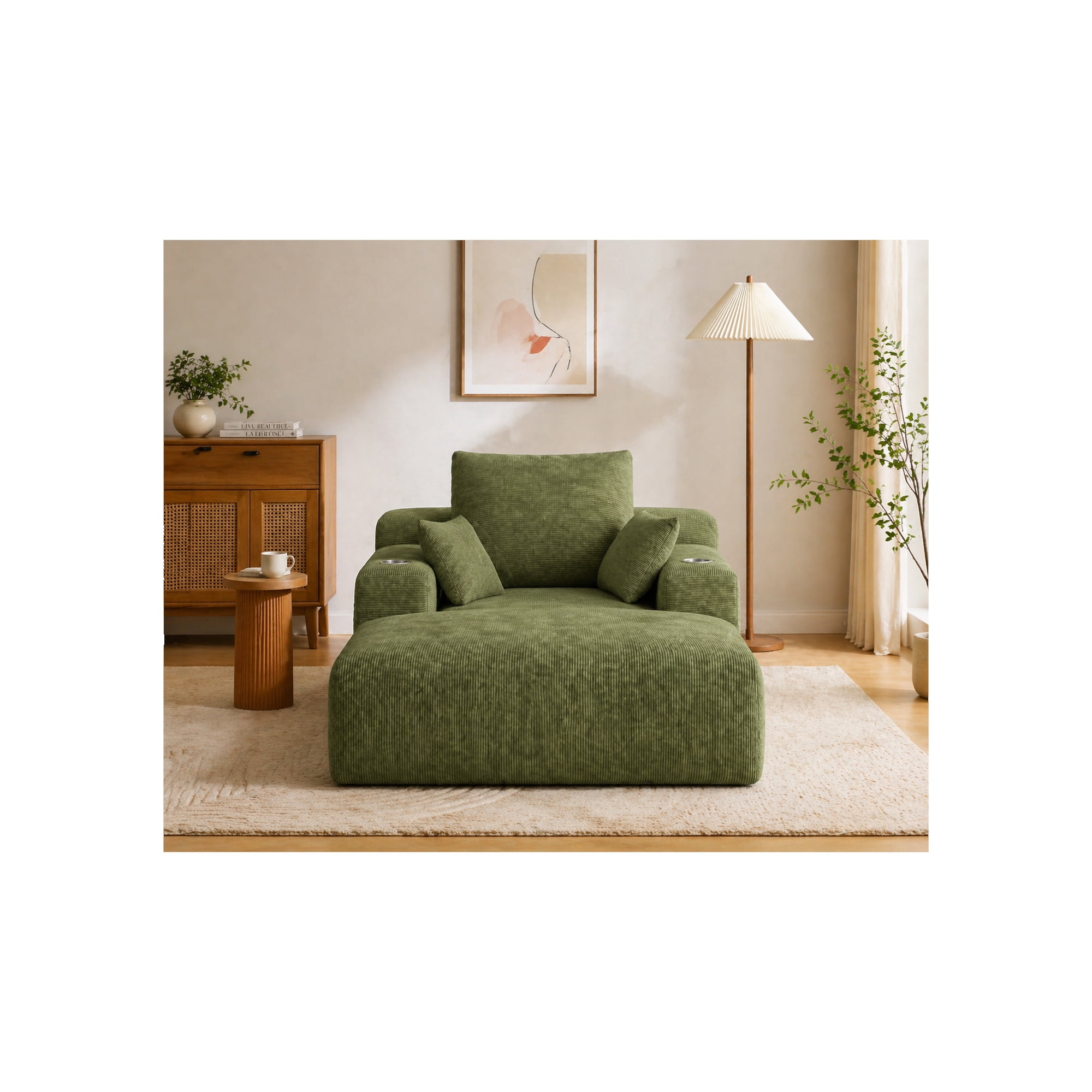 GARITIN Chaise Lounge Sofa 71 Inch, Corduroy Oversized Deep Seat Lounge Chair with Cup Holders and Storage Pocket for Living Room Bedroom, Green