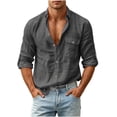 thumbnail image 2 of IROINNID Men Textured Slub Linen Blend Turn Down Collar Button Front Long Sleeve Shirt Single Chest Pocket Roll Tab Cuff Regular Fit Casual Daily Vacation Top(Dark Gray,M), 2 of 8
