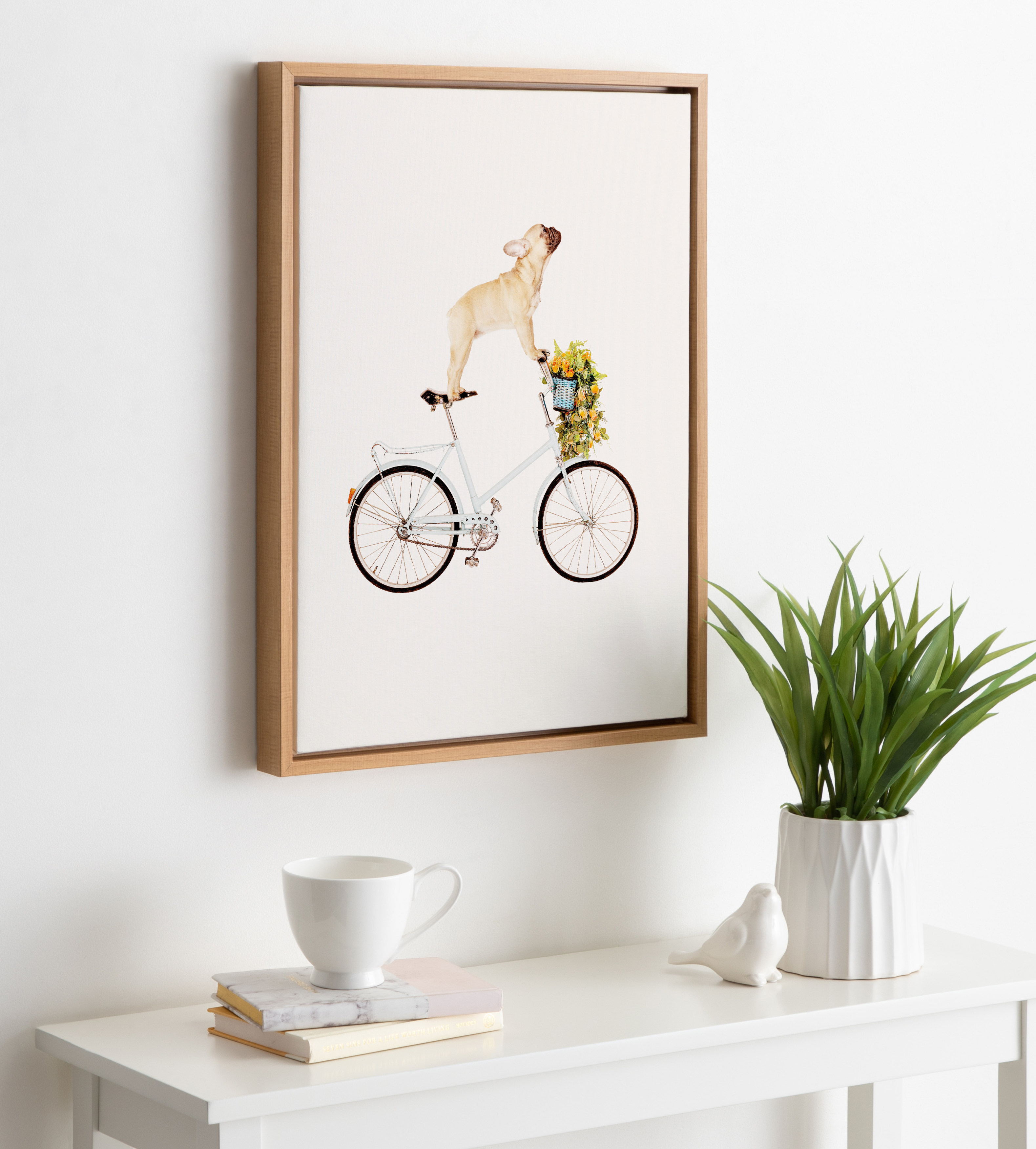 Kate and Laurel Sylvie Frenchie Bulldog Framed Canvas Wall Art By Amy Peterson, 18x24 Natural, Adorable Whimsical Dog Decor