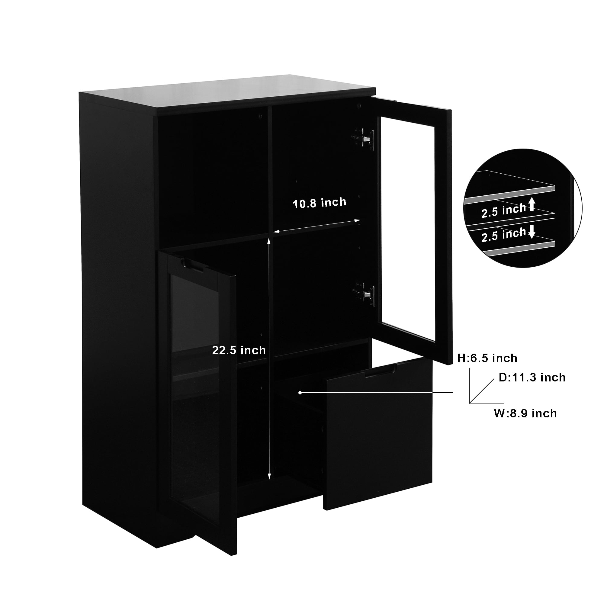 Leumius Sideboard Cabinet with Storage,Buffet Cabinet with Glass Doors & Drawer,Open Storage Cabinet for Living room,Black