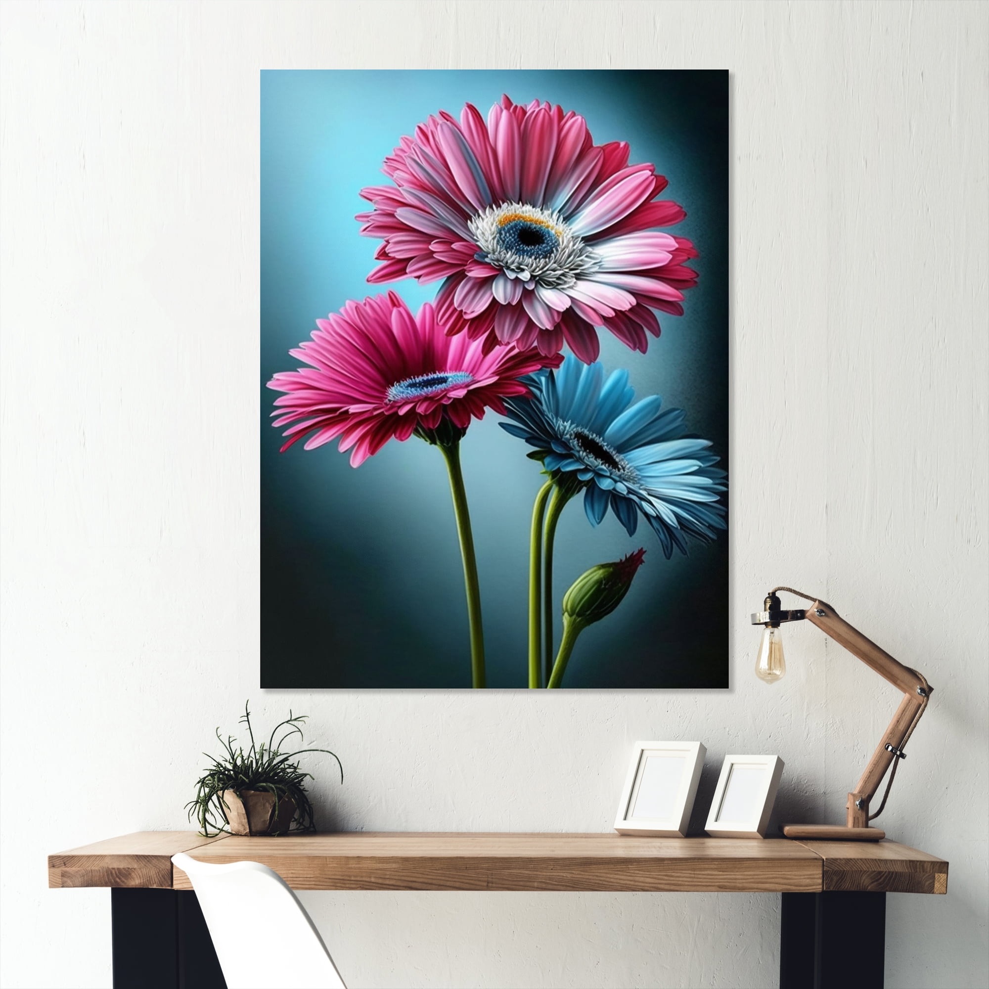 Designart Hyperrealistic Gerbera Pink And Blue Flowers I Canvas Wall Art