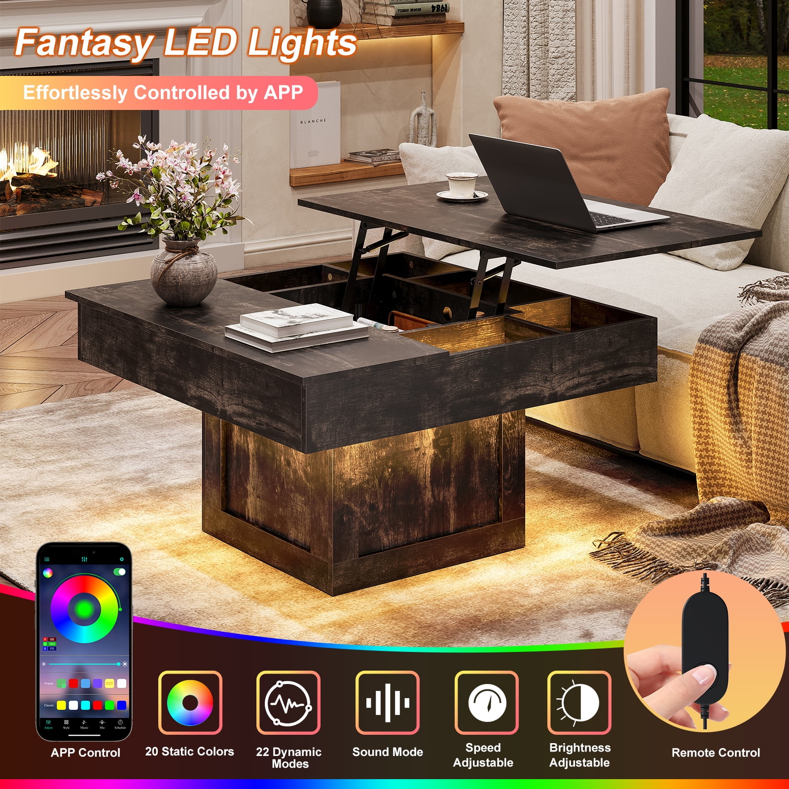 GUNAITO Lift Top Coffee Table with LED Lights, Modern Farmhouse Center Table with Storage, 31.5''Hx31.5''Wx19''D, Black
