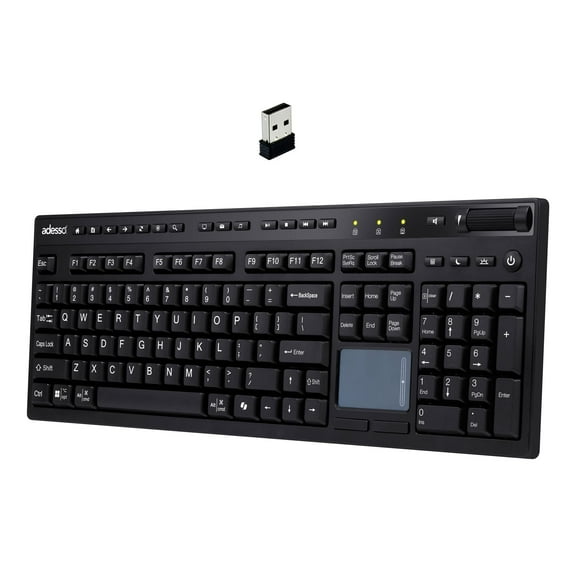 Adesso Wireless Keyboard with Touchpad 104 Key Full Size USB Dongle Receiver Multi OS Support Works with MacOs System & Multimedia Hotkeys Volume Control with Scroll Wheel WKB-4450UB