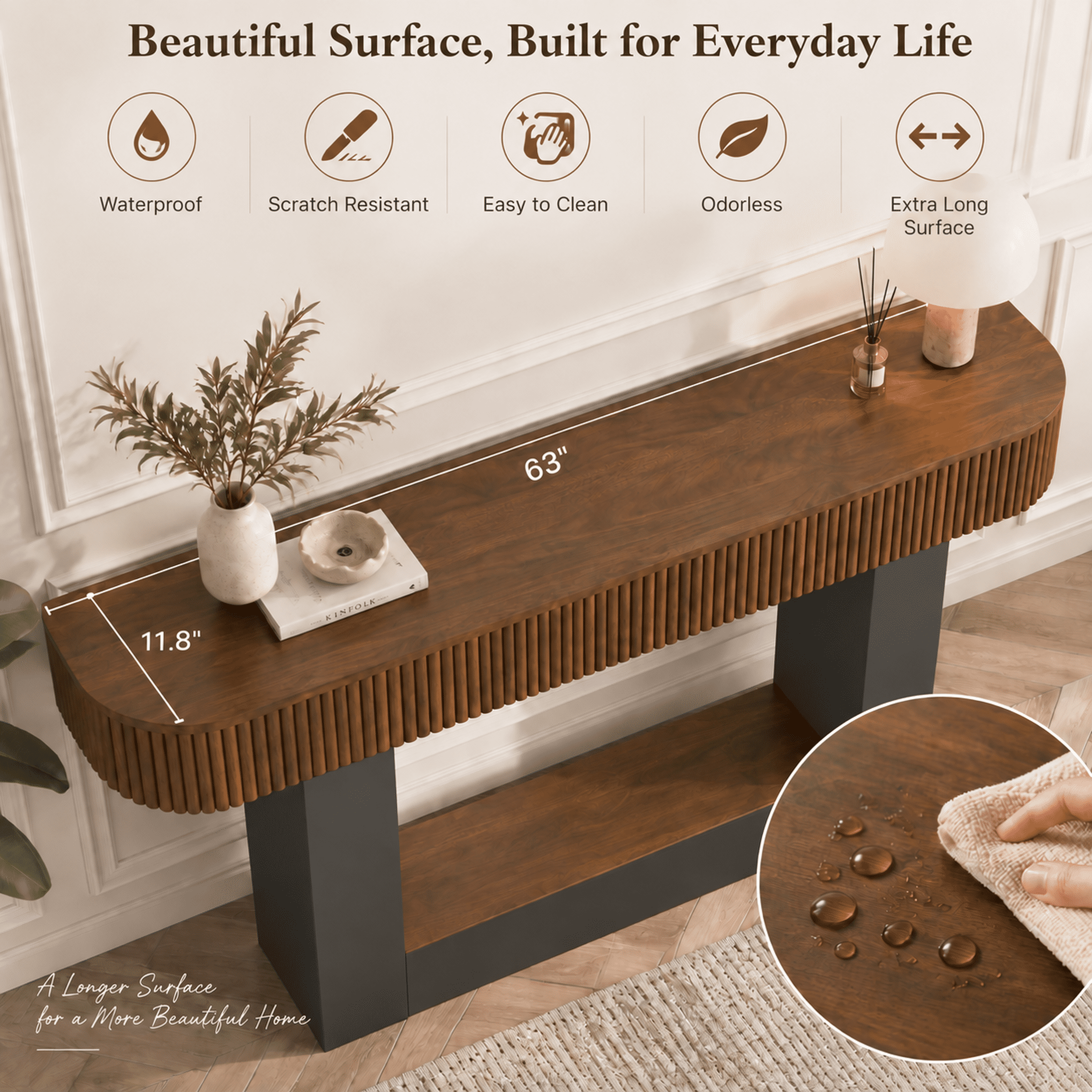 PORKISS 62.9" Console Table with Open Storage, Narrow Long Entryway Table with Rounded Edges, Fluted Sofa Table for Living Room, Hallway, Foyer, Behind Couch, Black + Brown