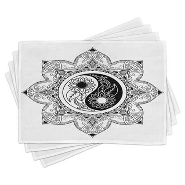 Ambesonne Ying Yang Place Mats Set of 4, Boho Mandala Sign, Standard Size, Black and White