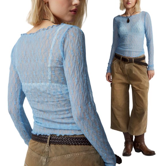 Women Y2k Lace See Through Long Sleeve Tees Sexy Slim Fitted Crop Top Solid Color Stretchy Fashion Shirts Outfit