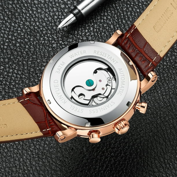 KINYUED Luxury 3ATM Water Proof Automatic Mechanical Watch Genuine Leather Skeleton Man Business Wristwatch Chrono Moon Phase Week Calendar