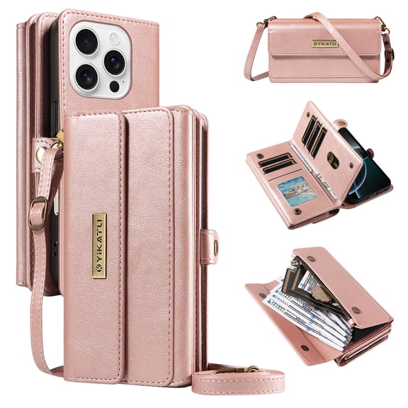 Wallet For iPhone 14 Pro Max Case with RFID Blocking [9 Card Holder] [3 Cash Slots] [1 Zipper Pocket] for Women Men,Magnetic Snap Closure PU Leather Flip Stand Crossbody Strap Case,Rosegold