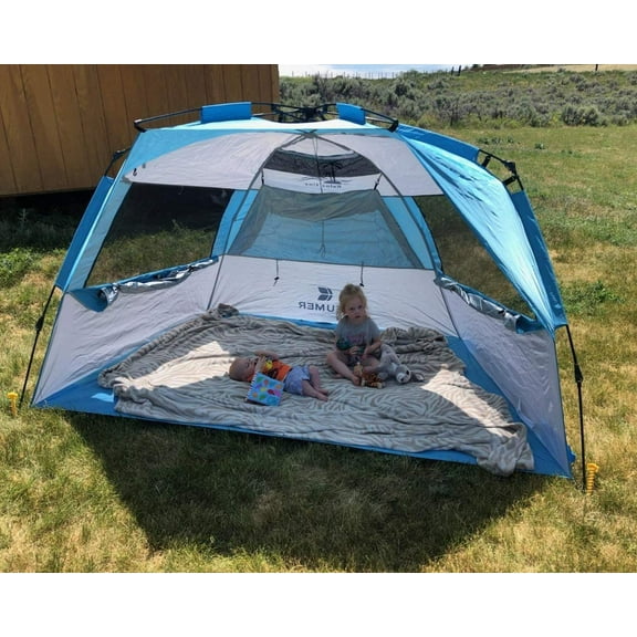 Easy Set Up Beach Tent Deluxe , Pop Up Sun Shelter for 3-4 Persons with UPF 50  Protection Beach Shade with Extended Floor