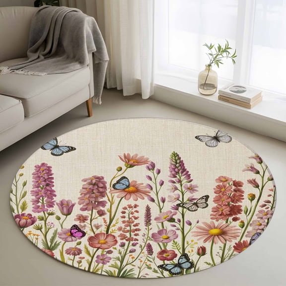 Round Area Rugs Collection 4 Ft, Spring Floral Non-Slip Residential Carpet, Watercolor Lavender Daisy Butterflies Beige Indoor Crawling Mats Runner Rugs for Living Room/Dining Room/Bedroom