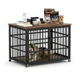thumbnail image 5 of Gzxs 43.3 Inch Wooden Dog Crate Furniture with Wrought Iron Frame, Heavy-Duty Large Dog Cage End Table with Lockable Wheels, Modern Indoor Dog Kennel for Dogs up to 70lbs, Rustic Brown, 5 of 9