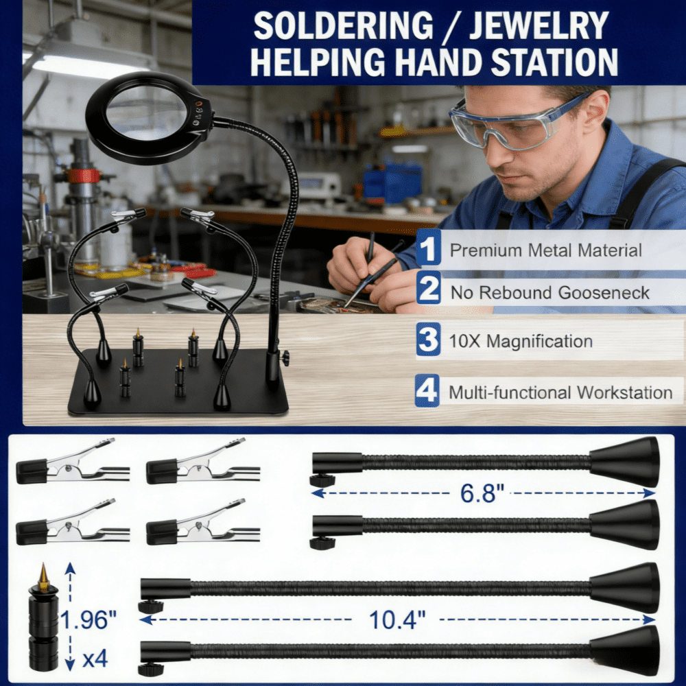 Magnetic Helping Hands Soldering Station, Magnifying Lamp Large Base Third Hand Jewelry Tool Hands Free Magnifier Weighted Base with 4 Magnetic Pillar Crafts Making Electronic Hobby