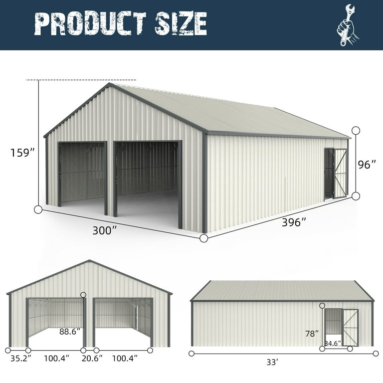 Chery Industrial 25' x 33' Double Garage Metal Shed with Side