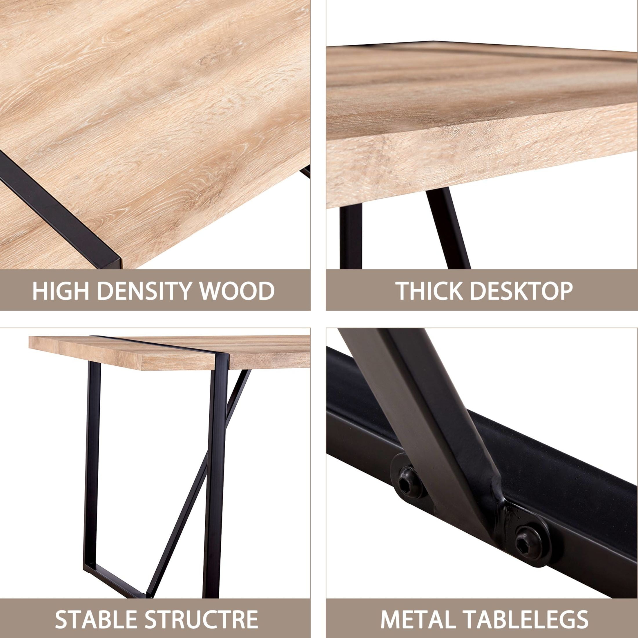 Noble House 55.1" Rectangular Dining Table, Thick MDF Wood-Look Tabletop, Black Metal Legs, Rustic Brown