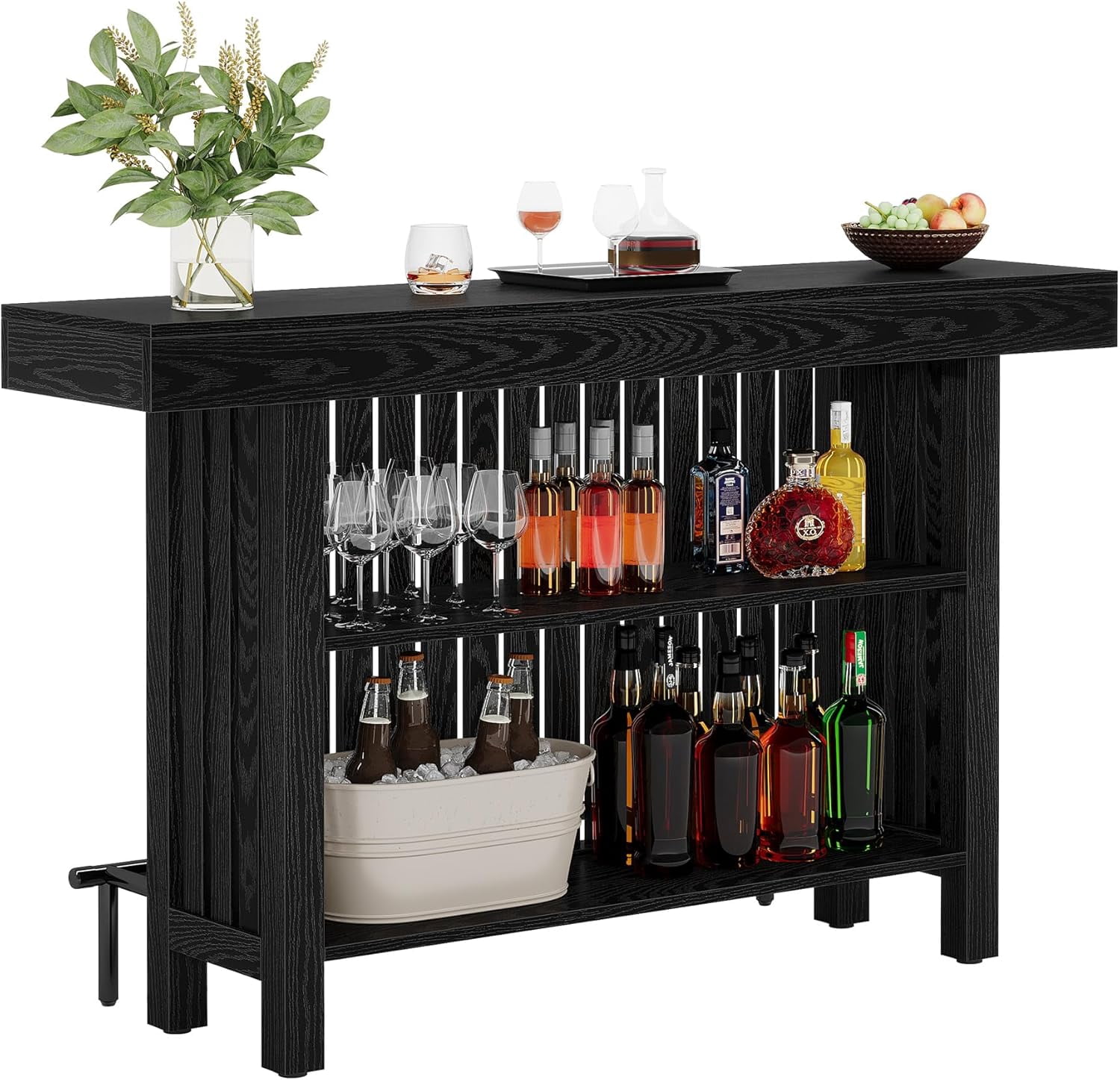 All Black Bar Table with 2-Tier Storage, 62.99" x 15.75" Large Top, Sturdy Modern Bar Cabinet for Multi-Spaces