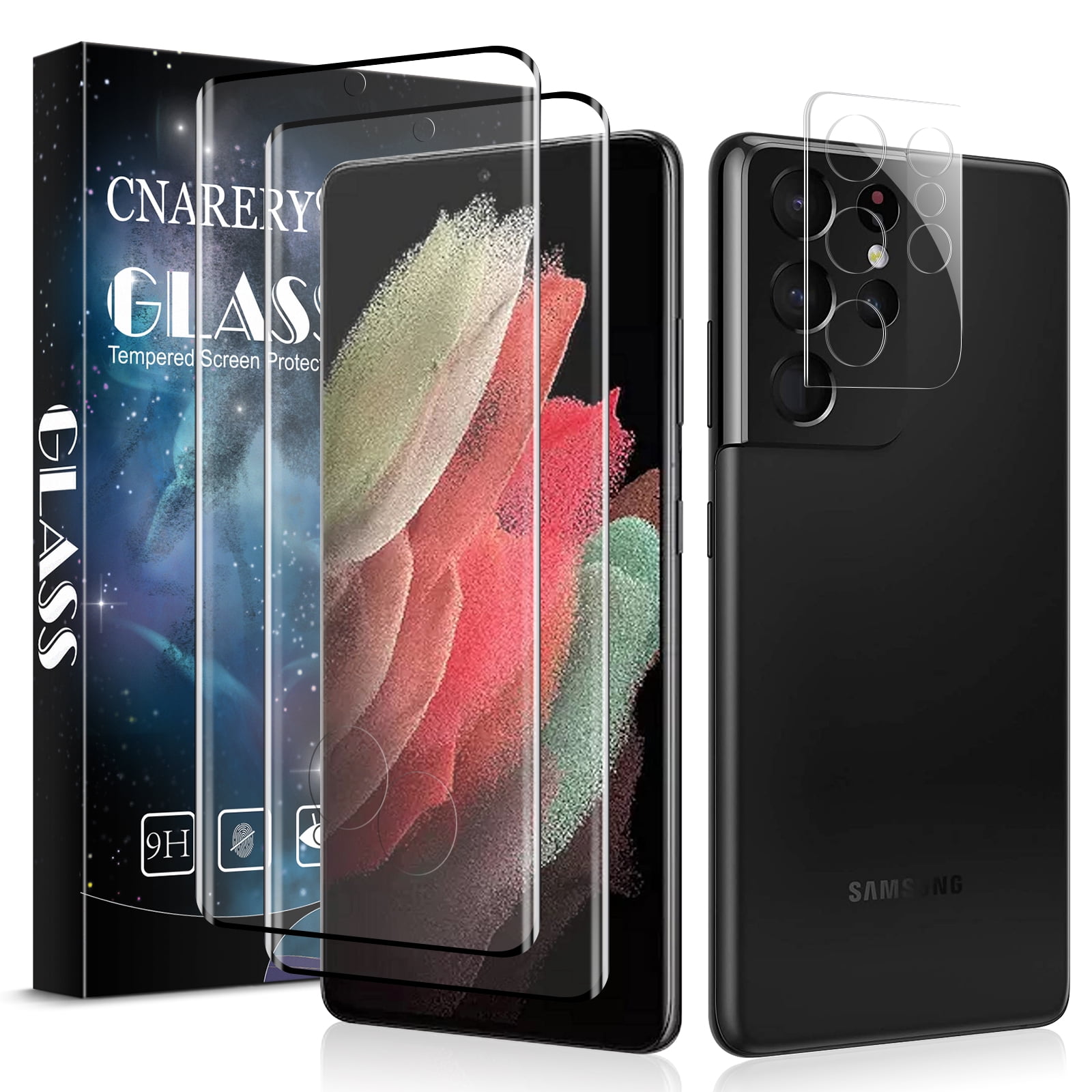 Cnarery [2+2] 2 Pack Tempered Glass Screen Protector for Samsung Galaxy S21 Ultra, with 2 Pack Camera Lens Protector, Scratch resistant, Bubble Free