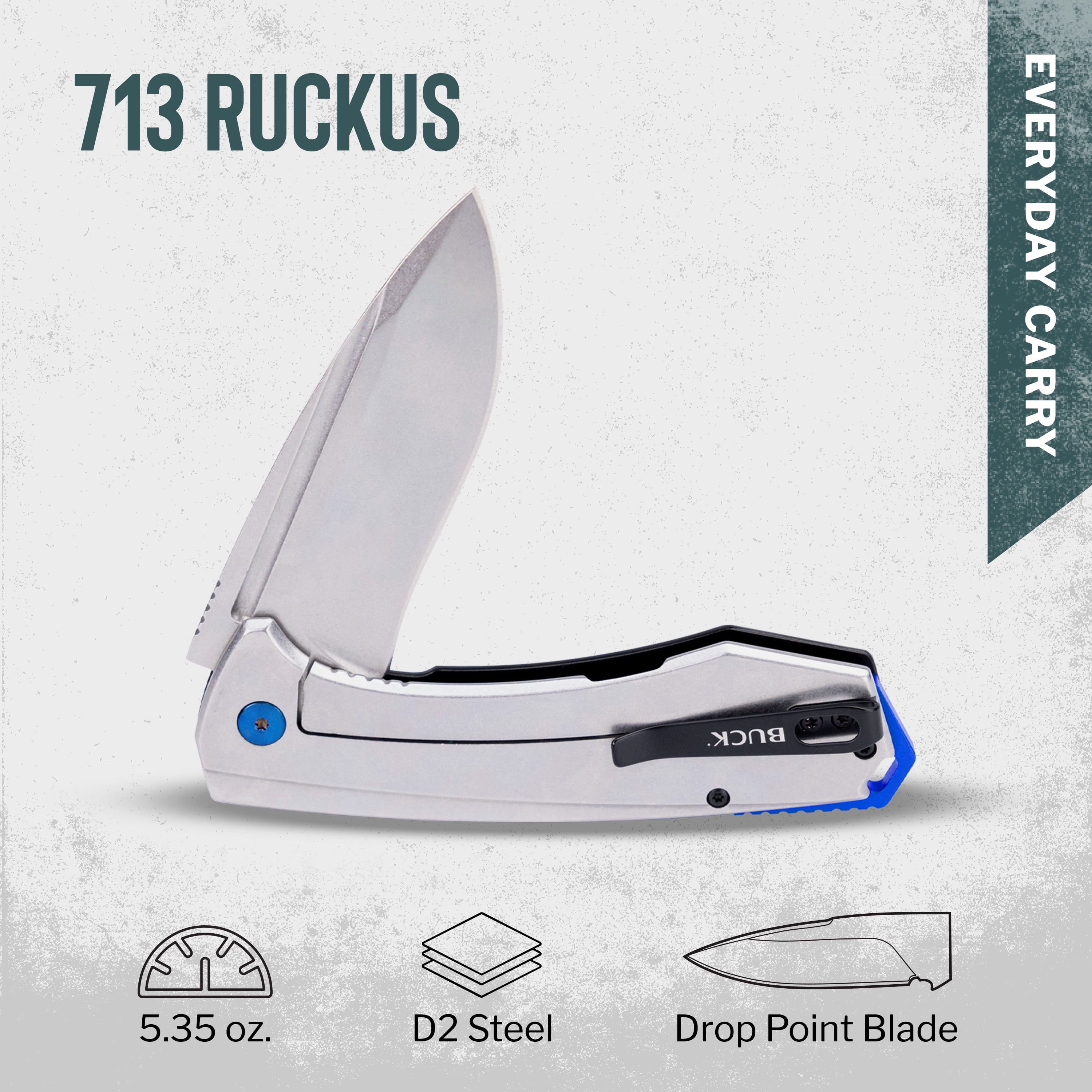 Buck Knives 713 Ruckus Folding Pocket Knife, EDC Knife, 3.5” Drop Point Blade, Black/Blue, 5.35 oz
