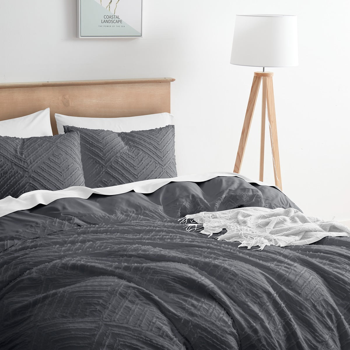 Nestl Boho 3 Piece Duvet Cover Set, Tufted Embroidery Double Brushed Duvet Cover with Button Closure with 2 Pillow Shams, Twin (68"x90") - Gray