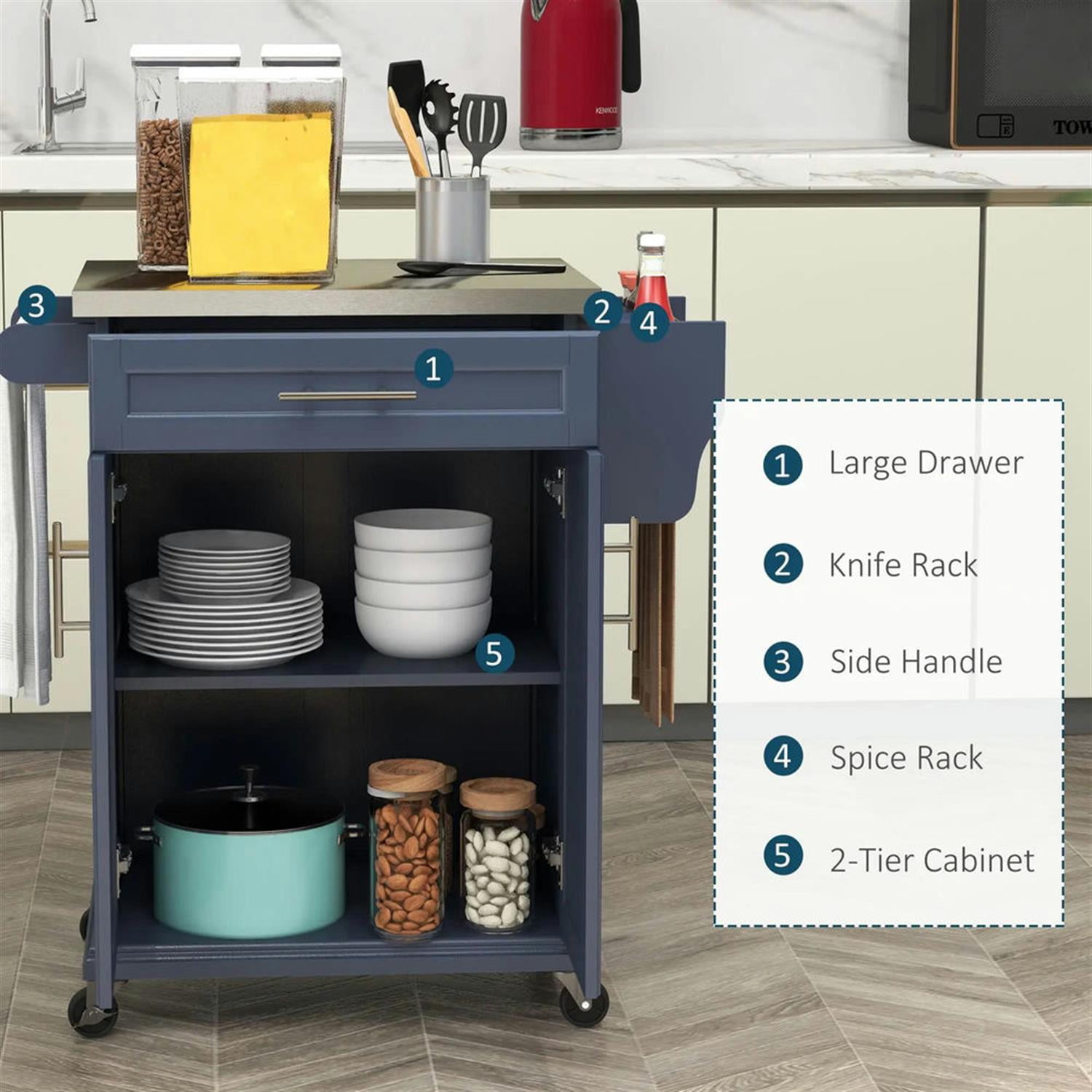 Demi Bonn 35" Kitchen Island Cart on Wheels with Stainless Steel Top, Rolling Dining Room Serving Utility Carts Mobile Movable with Towel Rack, Gray