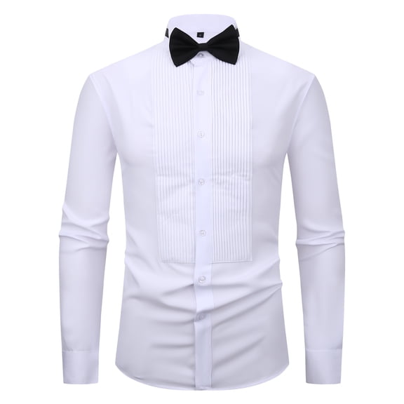 TANSILING Men's Pleated Front Tuxedo Dress Shirt with Bow Tie, White Formal Wedding Prom Dinner Shirt