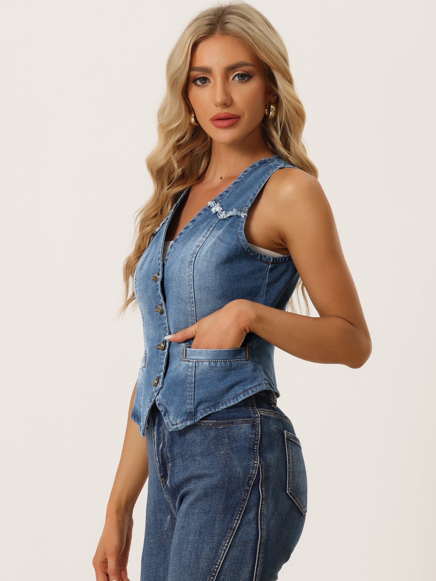 DARING DIVA Women's Denim Vest Washed Distressed Jean Jacket S Sky Blue